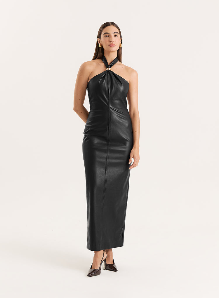 Black Faux Leather Halterneck Maxi Dress- Rhea