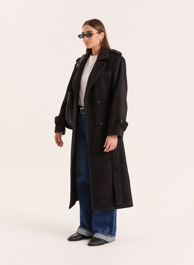Black Tailored Belted Longline Coat- Anderson