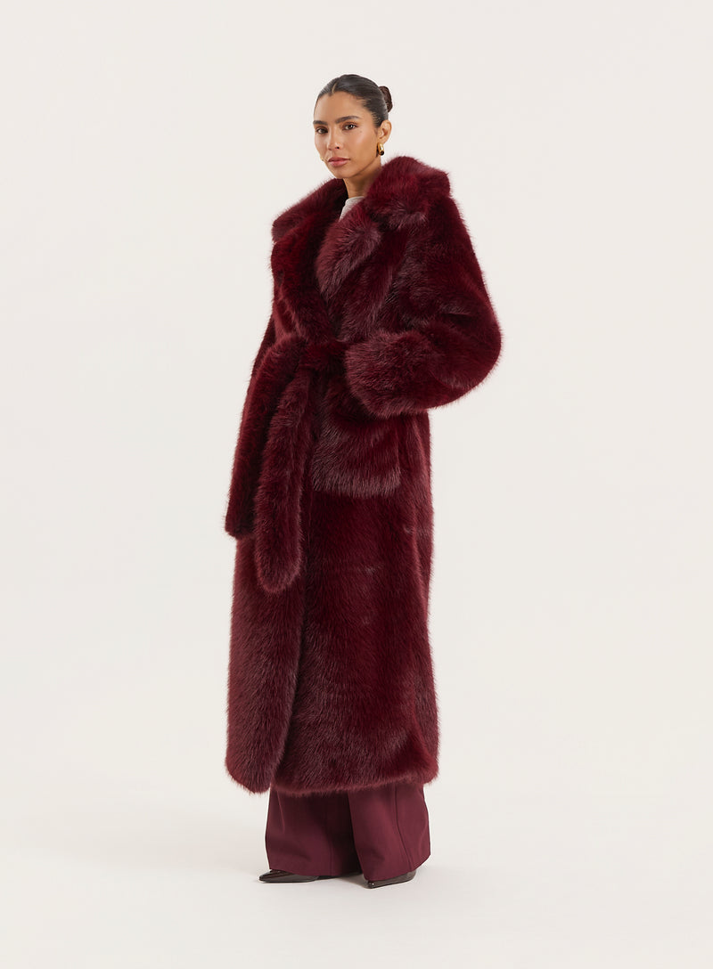 Burgundy Faux Fur Belted Longline Coat