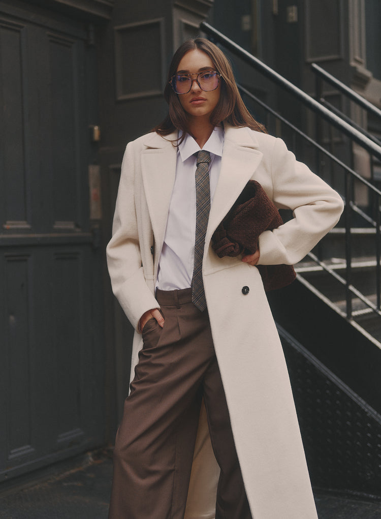 Cream Wool Double-Breasted Coat- Melia