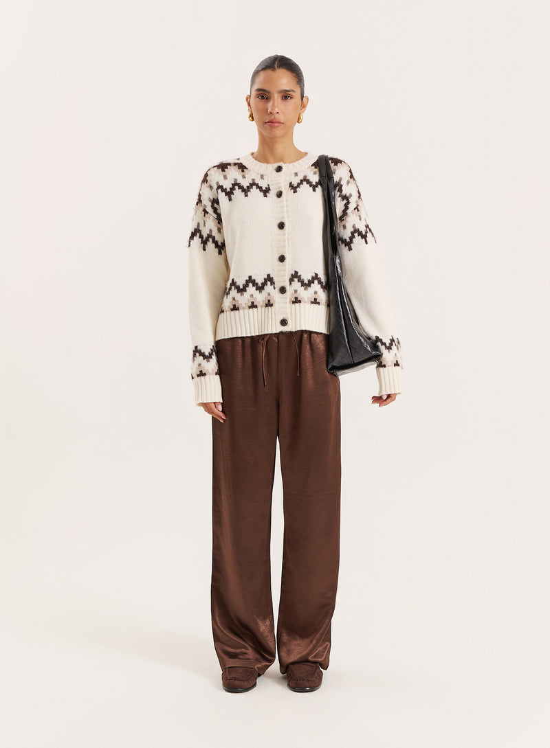 White Knitted Fairisle Button Front Cardigan- Brandon