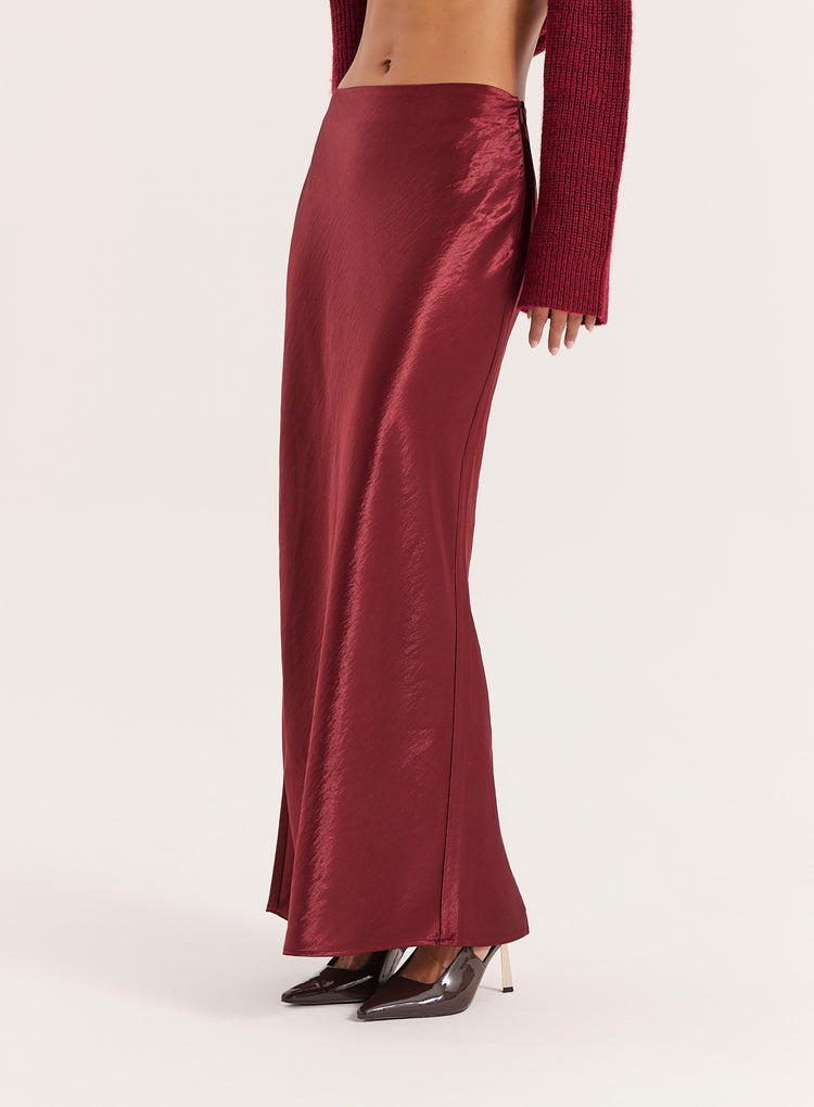 Burgundy Satin Maxi Skirt- Novah