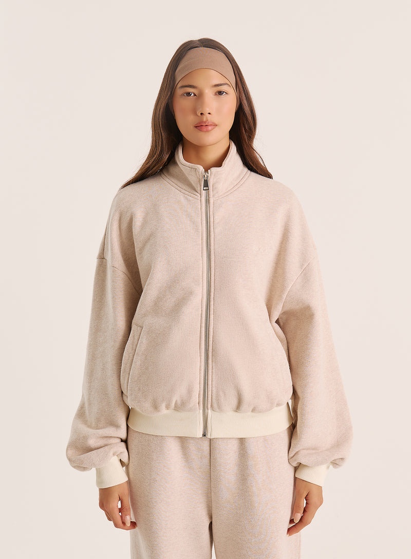Oatmeal Logo Detail Ribbed Cuff Zip Sweatshirt