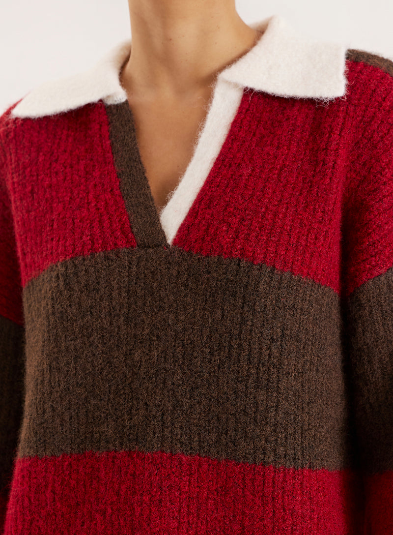 Red And Brown Striped Knitted Polo Jumper