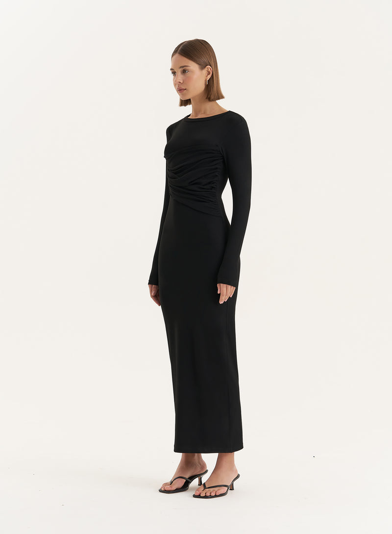 Black Bust Detail Long Sleeve Maxi Dress- Xavier