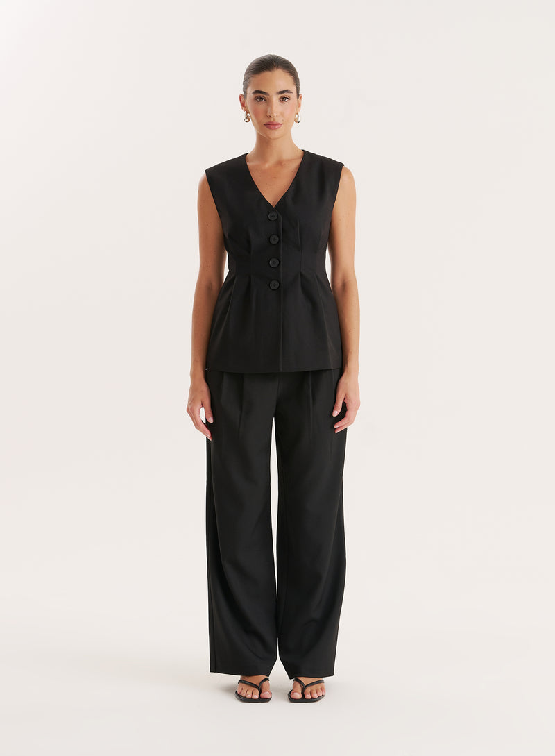 Black Cinched Waist Tailored Waistcoat
