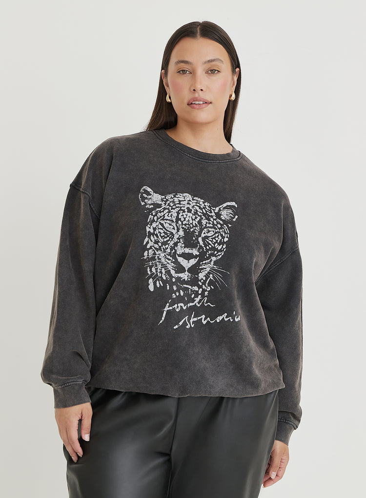 Black Acid Wash Curve Leopard Motif Sweatshirt- Cara