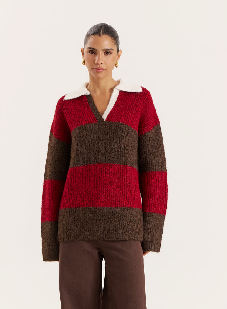 Red And Brown Striped Knitted Polo Jumper- Ruby