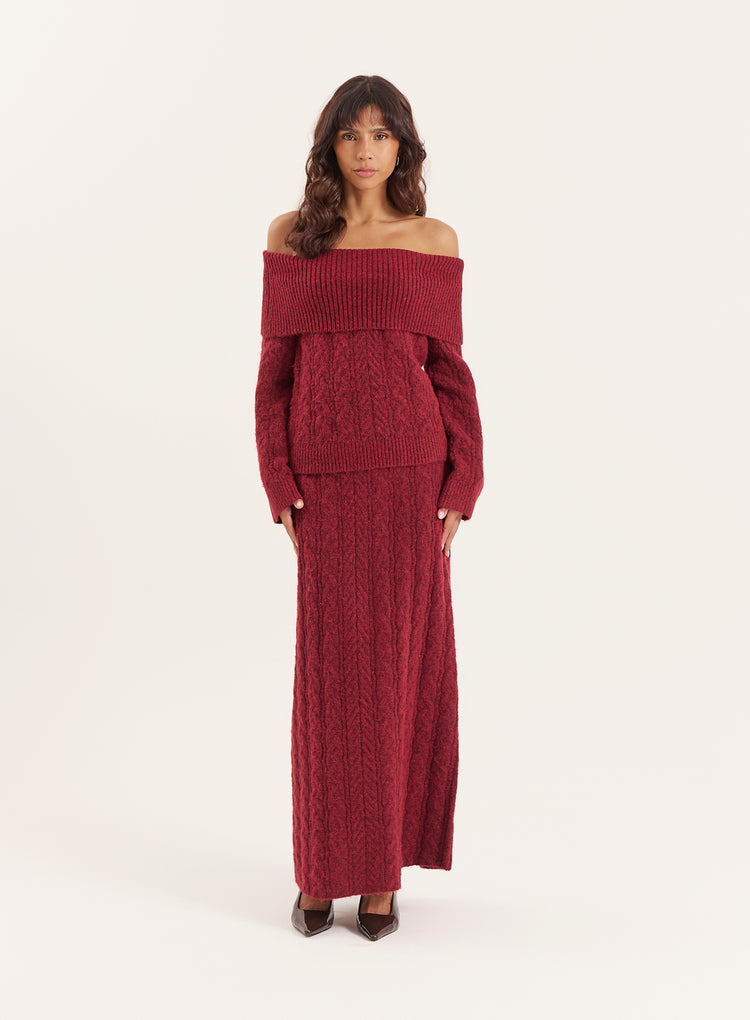 Burgundy Cable Knitted Maxi Skirt