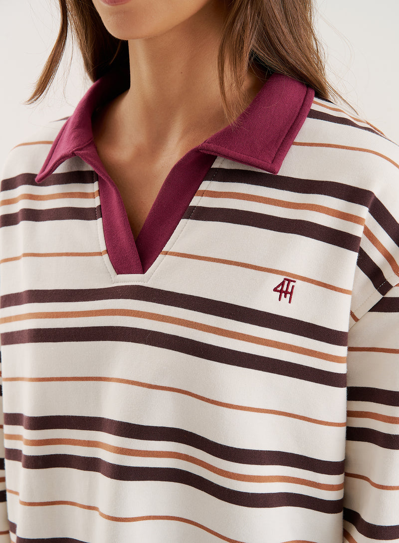 Cream And Chocolate Stripe Contrast Collar Rugby Top- Hailey