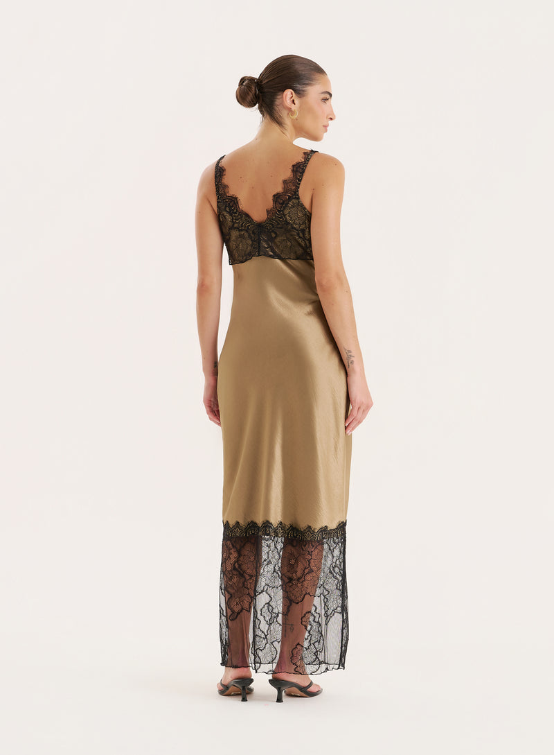 Khaki Satin Lace Trim Maxi Dress- Smythson