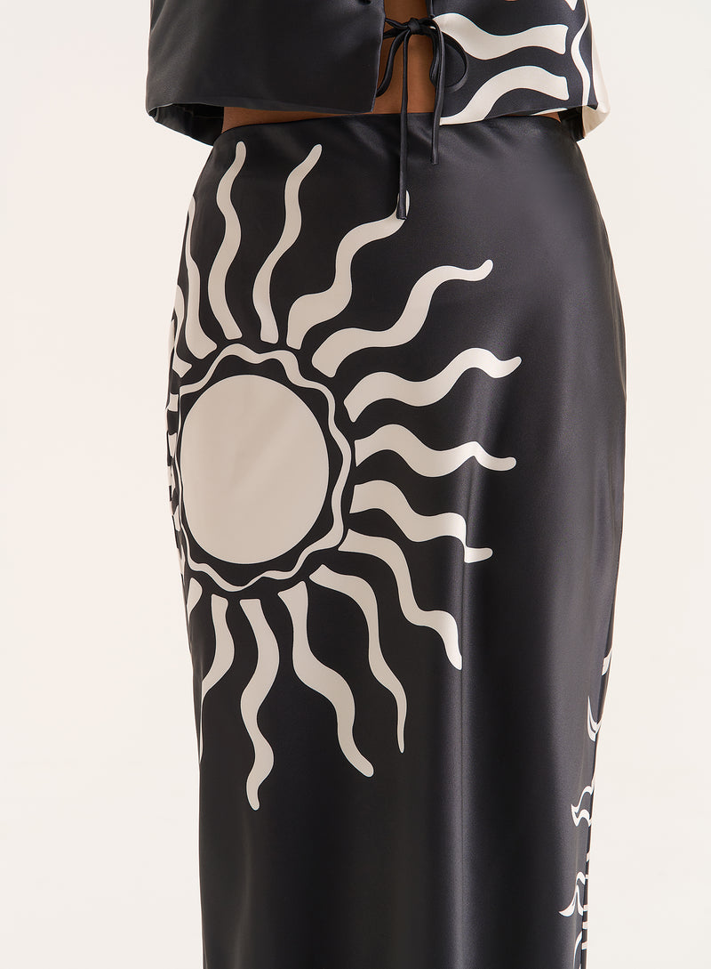 Black Sun Print Satin Maxi Skirt- Lula