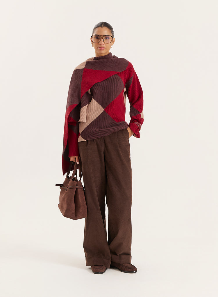 Multi Diamond Knitted Jumper With Scarf- Sara