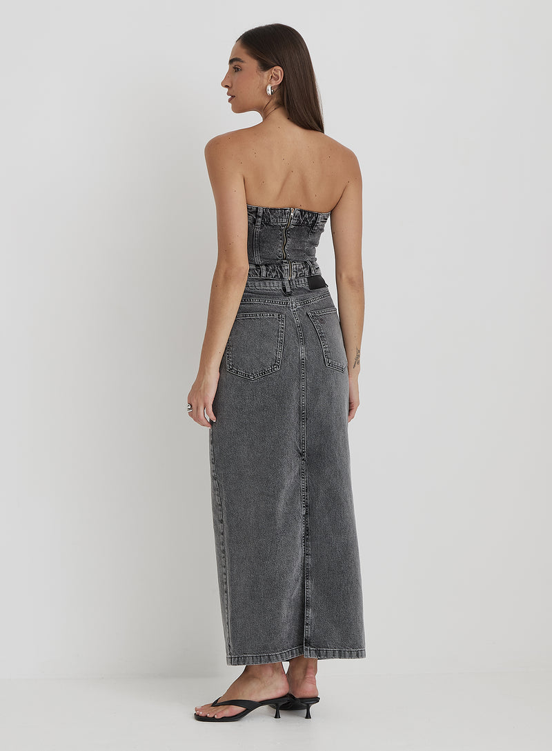 Washed Grey Denim Midaxi Skirt - Maxine