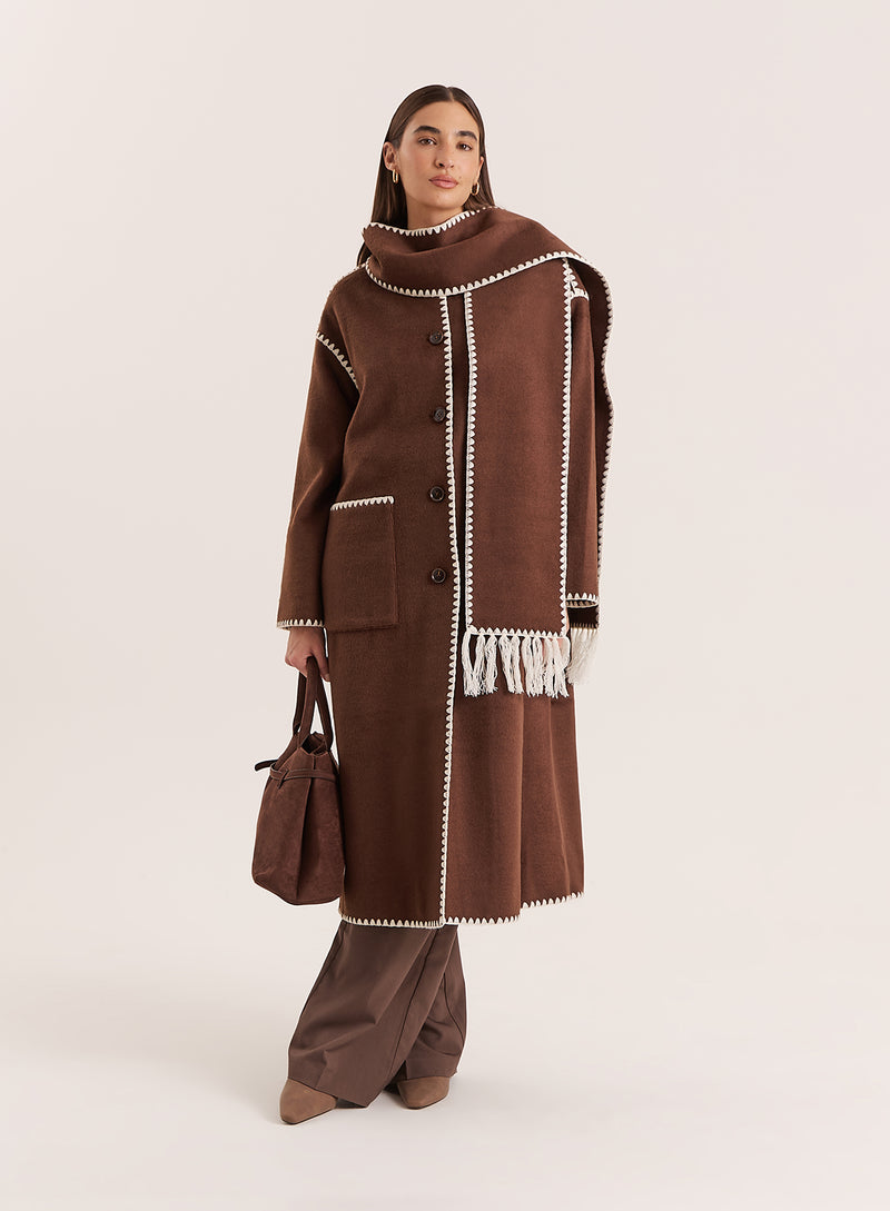 Chocolate Contrast Stitch Longline Scarf Coat- Fable