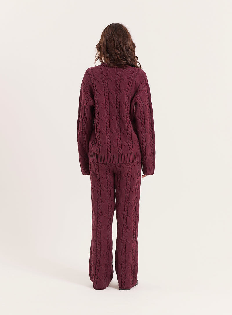 Burgundy Cable Knit V Neck Jumper- Jordan