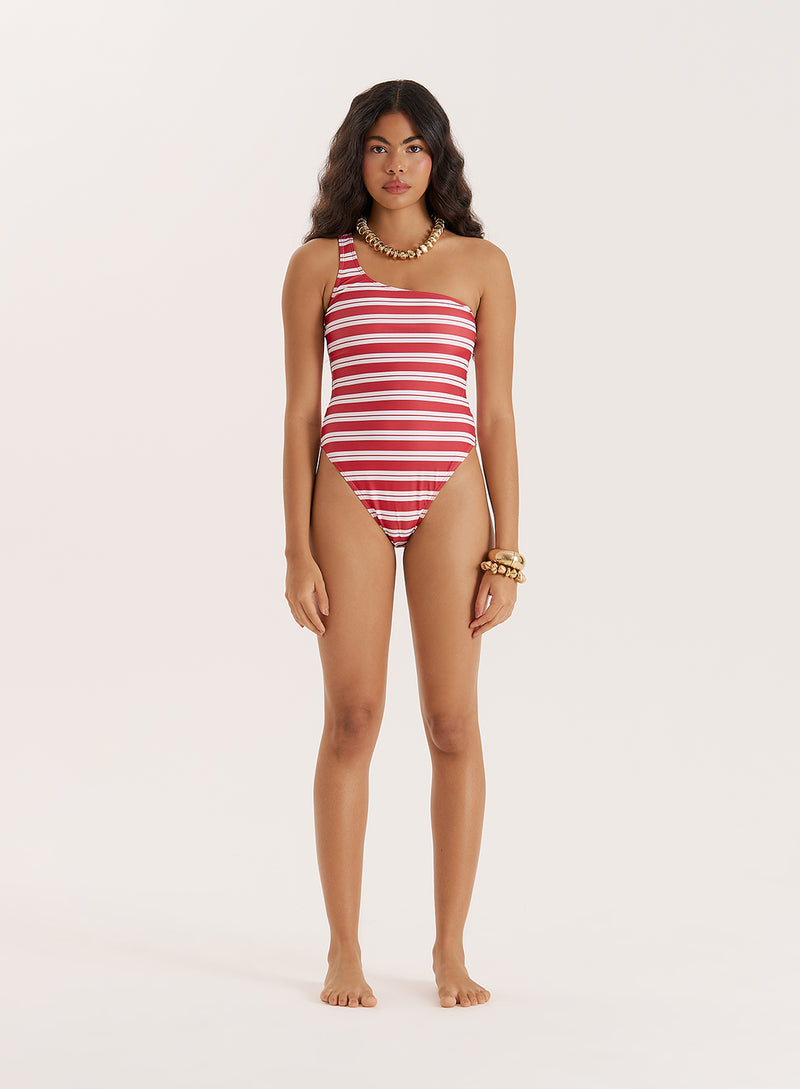 Red And White Stripe One Shoulder Swimsuit- Tide