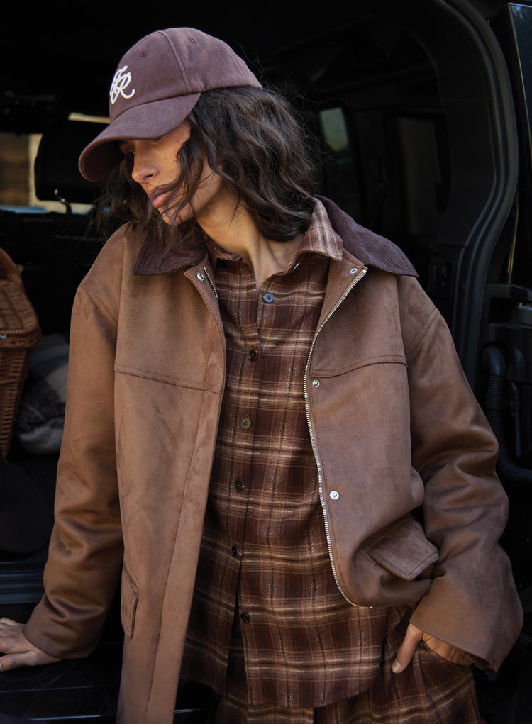 Brown Contrast Collar Faux Suede Barn Shacket