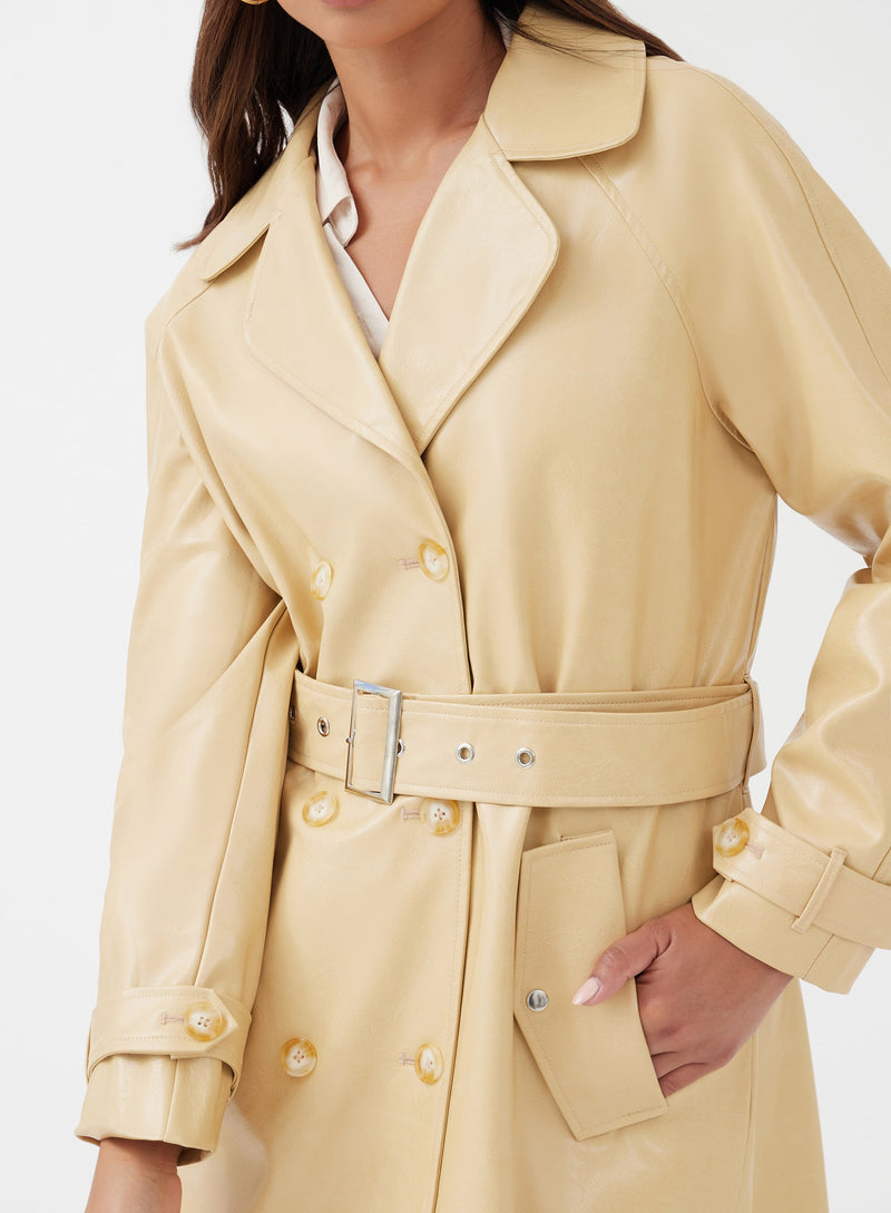 Butter Longline Belted Faux Leather Coat - Luna