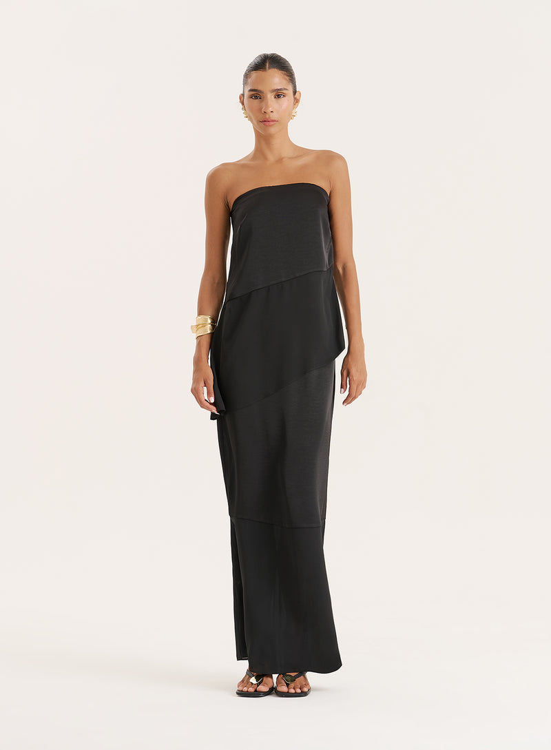 Black Satin And Chiffon Bandeau Asymmetric Top- Marcia