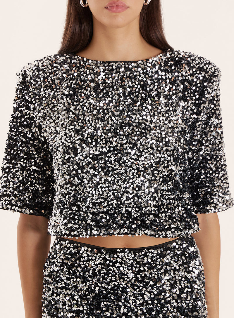 Black Sequin Boxy Crop T-shirt- Josephine