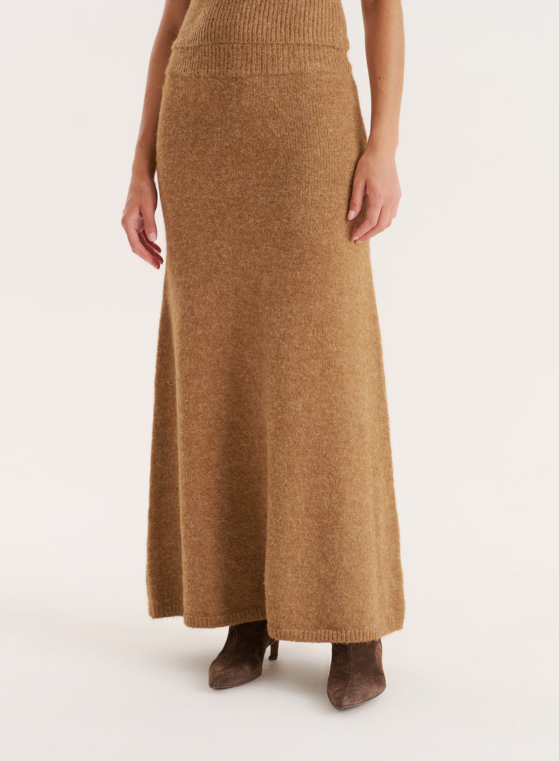Camel Knitted A-Line Maxi Skirt- Phyllis