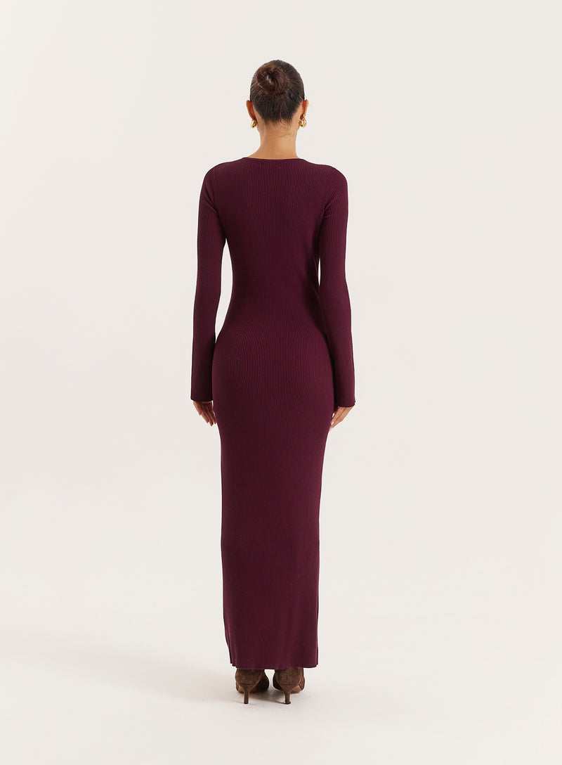 Plum Cut-out Flare Sleeved Knitted Maxi Dress- Rita