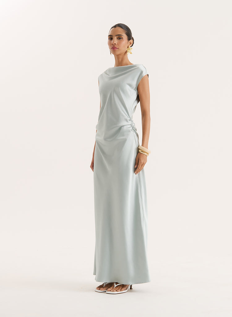 Mint Green Cowl Neck Satin Maxi Dress- Anais