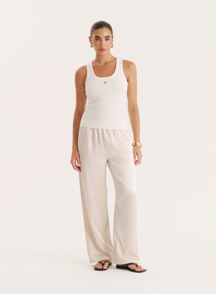 Cream Satin Elasticated Waist Wide Leg Trouser- Shelby