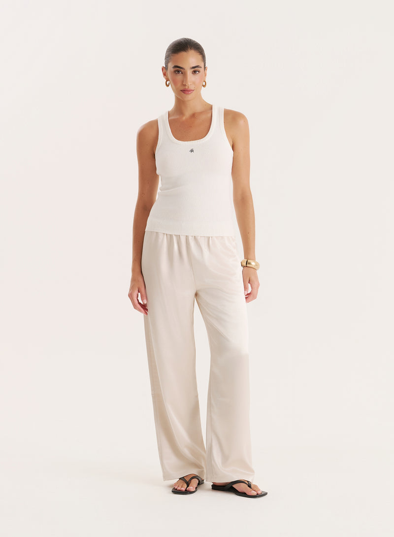 Cream Satin Elasticated Waist Wide Leg Trouser- Shelby