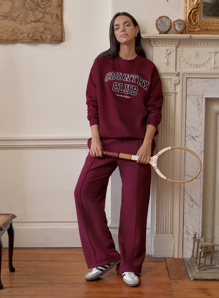 Burgundy Country Club Slogan Oversized Sweatshirt- Charli