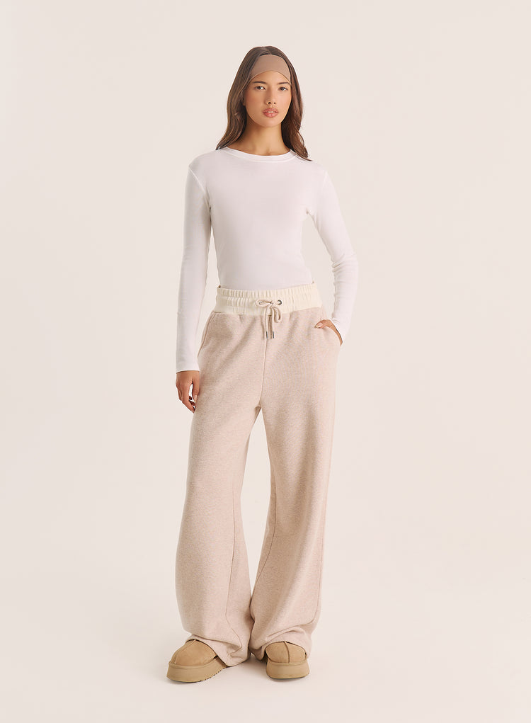 Oatmeal Contrast Waist Band Wide Leg Joggers