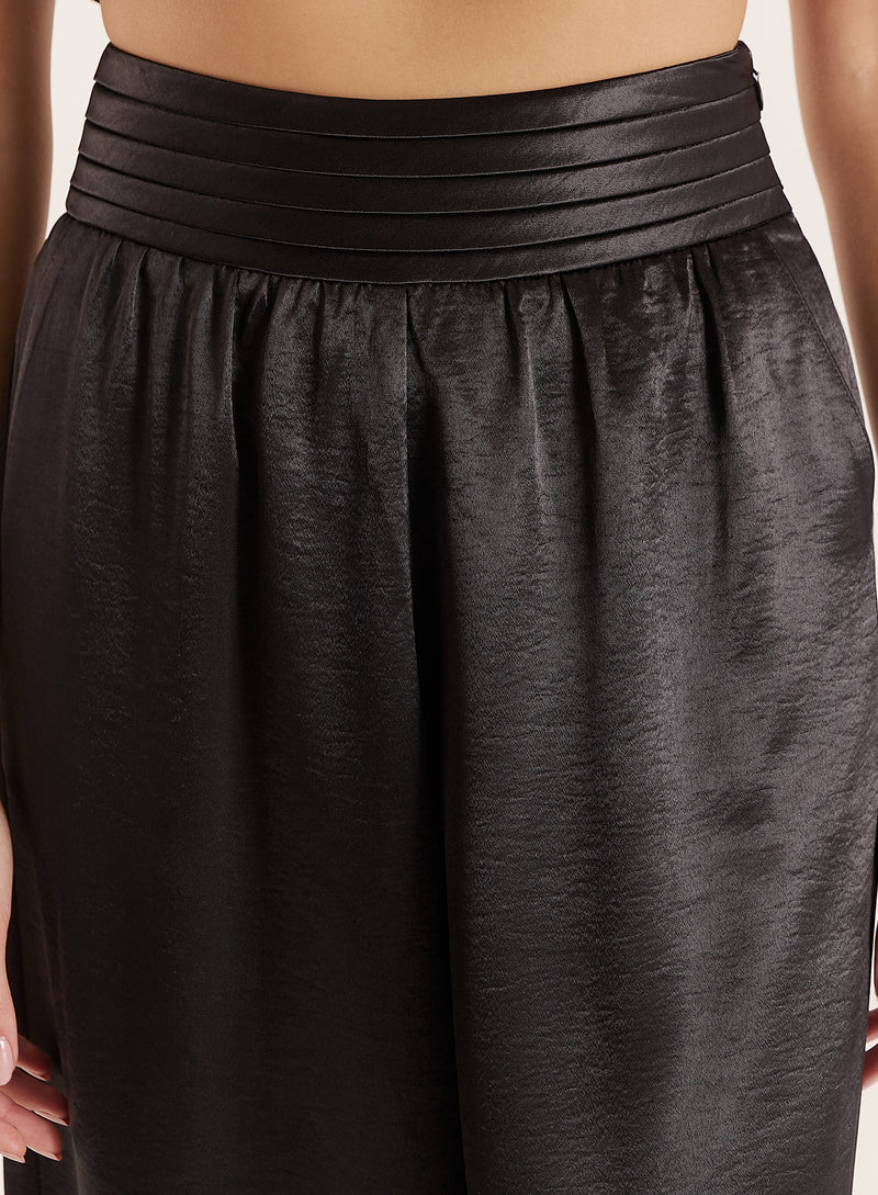 Black Pleated Waistband Wide Leg Satin Trousers- Francoise