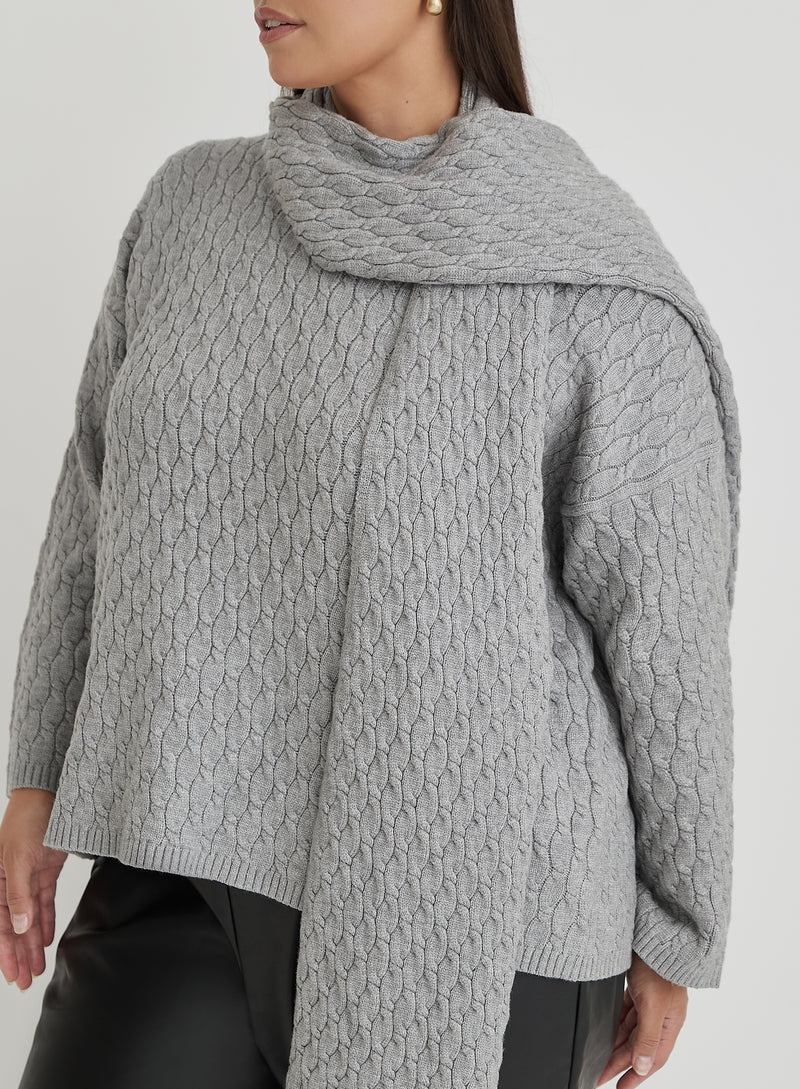 Grey Plus Size Cable Knit Jumper With Scarf- Gabriel