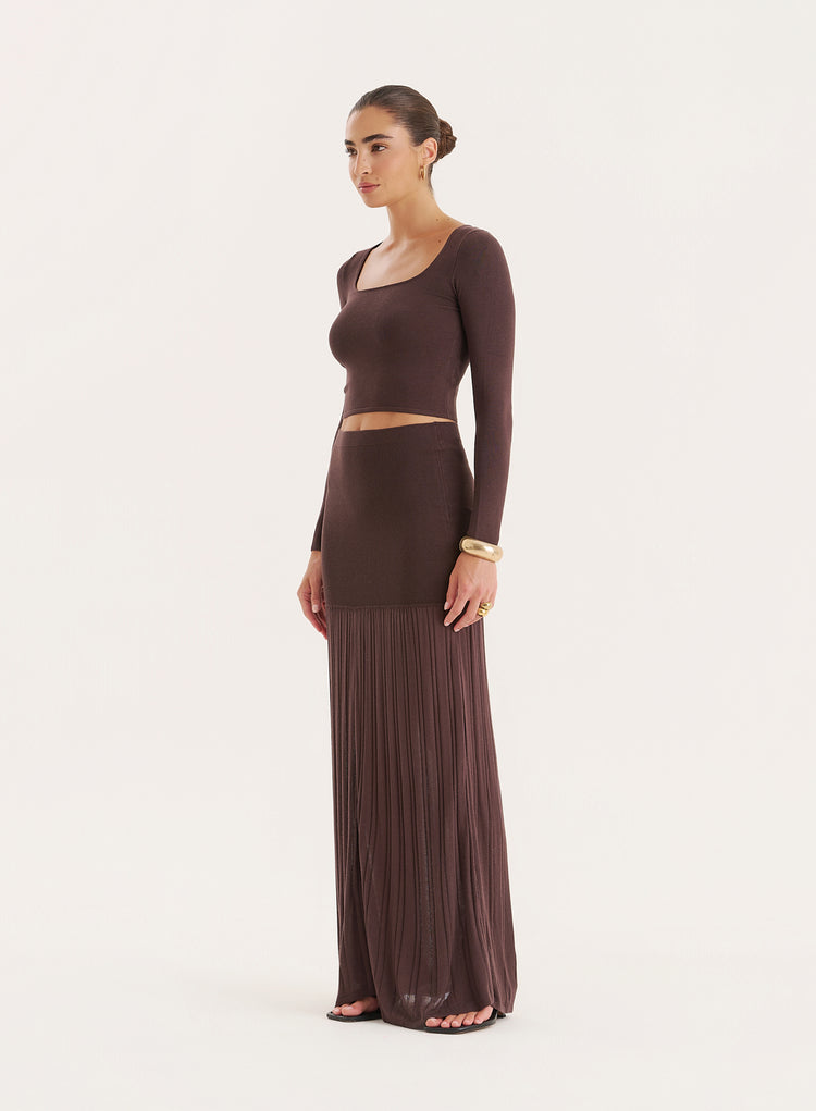 Chocolate Knitted Drop Waist Maxi Skirt- Nancy