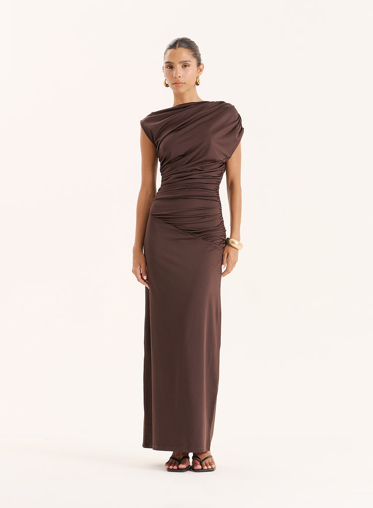 Chocolate Ruched Sleeveless Maxi Dress- Oakley