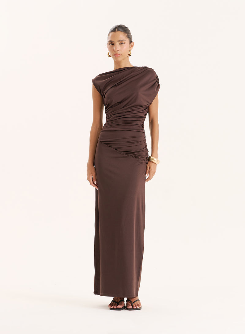 Chocolate Ruched Sleeveless Maxi Dress- Oakley