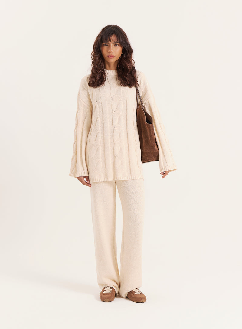 Ecru Fine Cable Knit Long Sleeve Top- Leonor