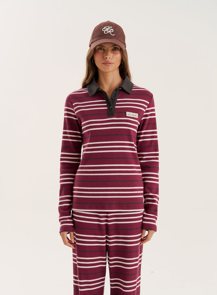 Burgundy Striped Fine Ribbed Jersey Longsleeve Top- Liliana