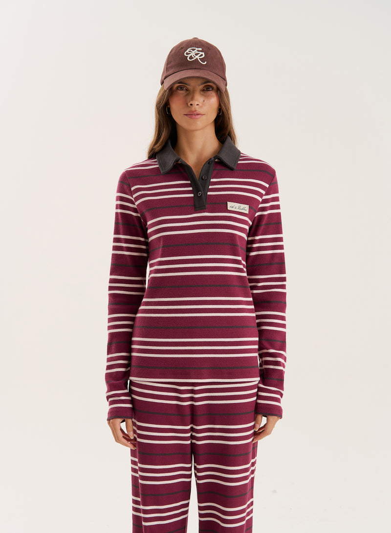 Burgundy Striped Fine Ribbed Jersey Longsleeve Top- Liliana