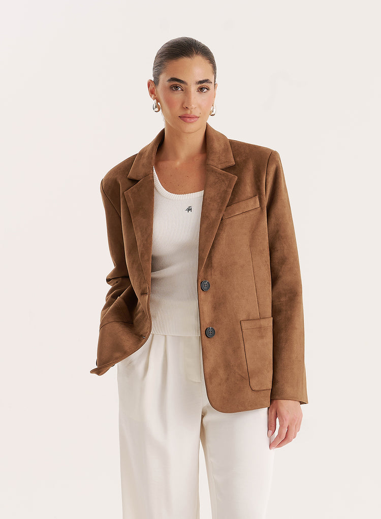 Brown Faux Suede Blazer-Ember