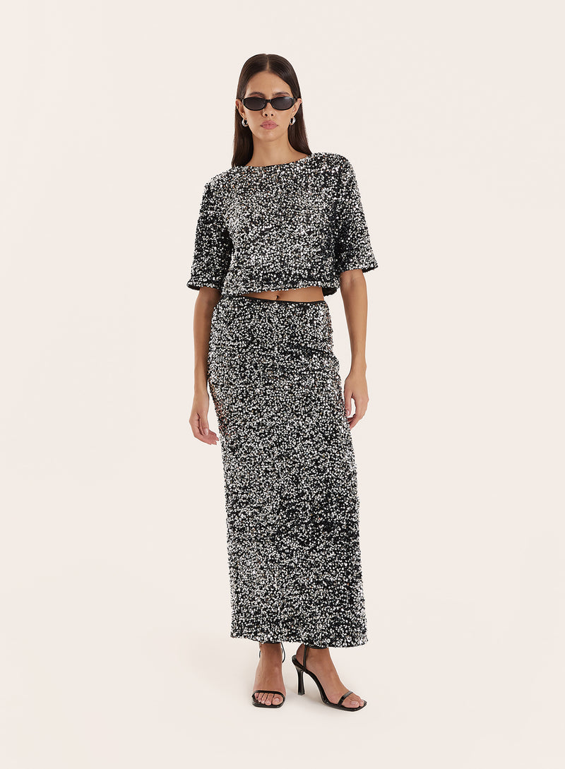 Black Sequin Boxy Crop T-shirt- Josephine