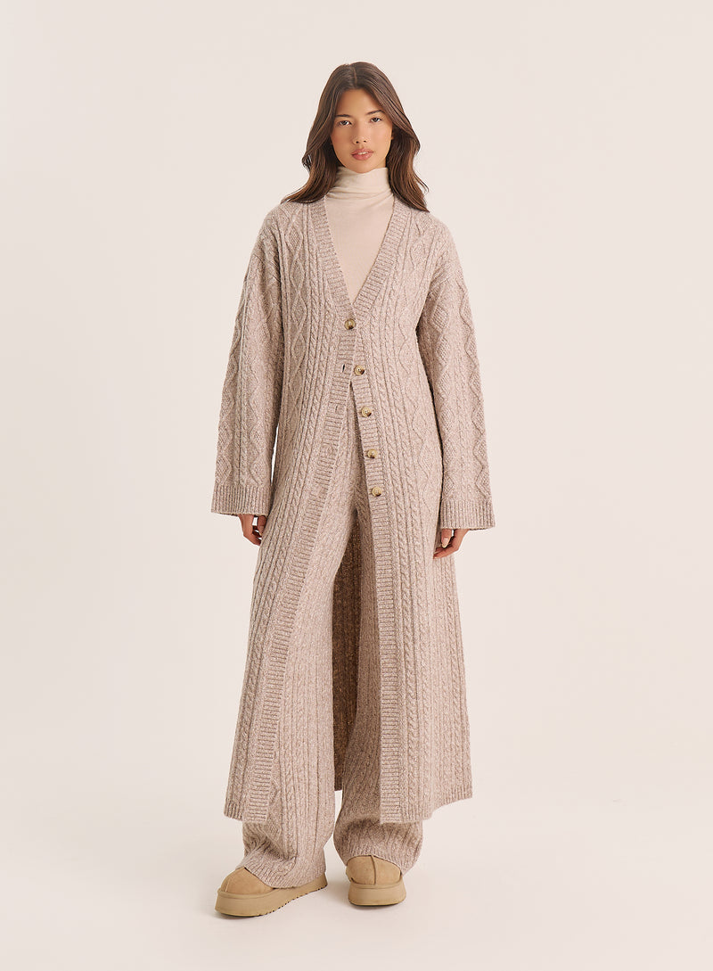Taupe Cable Knit Longline Cardigan
