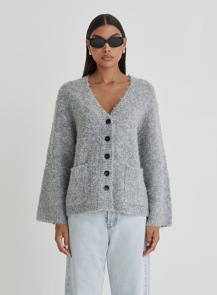 Grey Brushed Knit Cardigan- Lidia