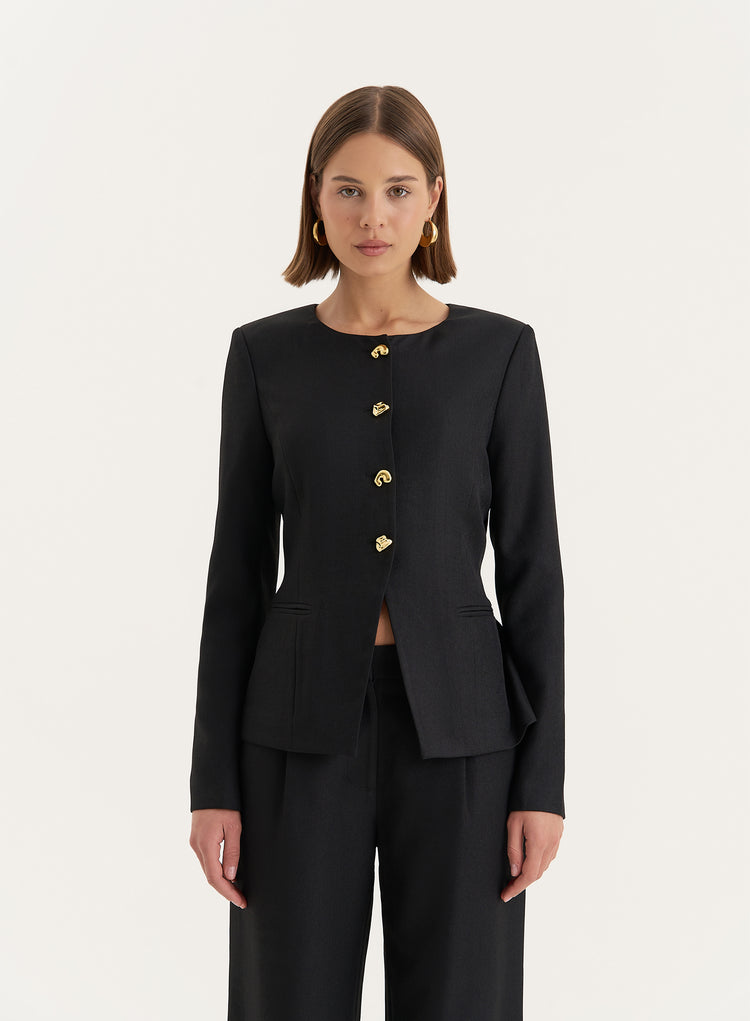 Black Tailored Gold Button Front Split Blazer- Polly