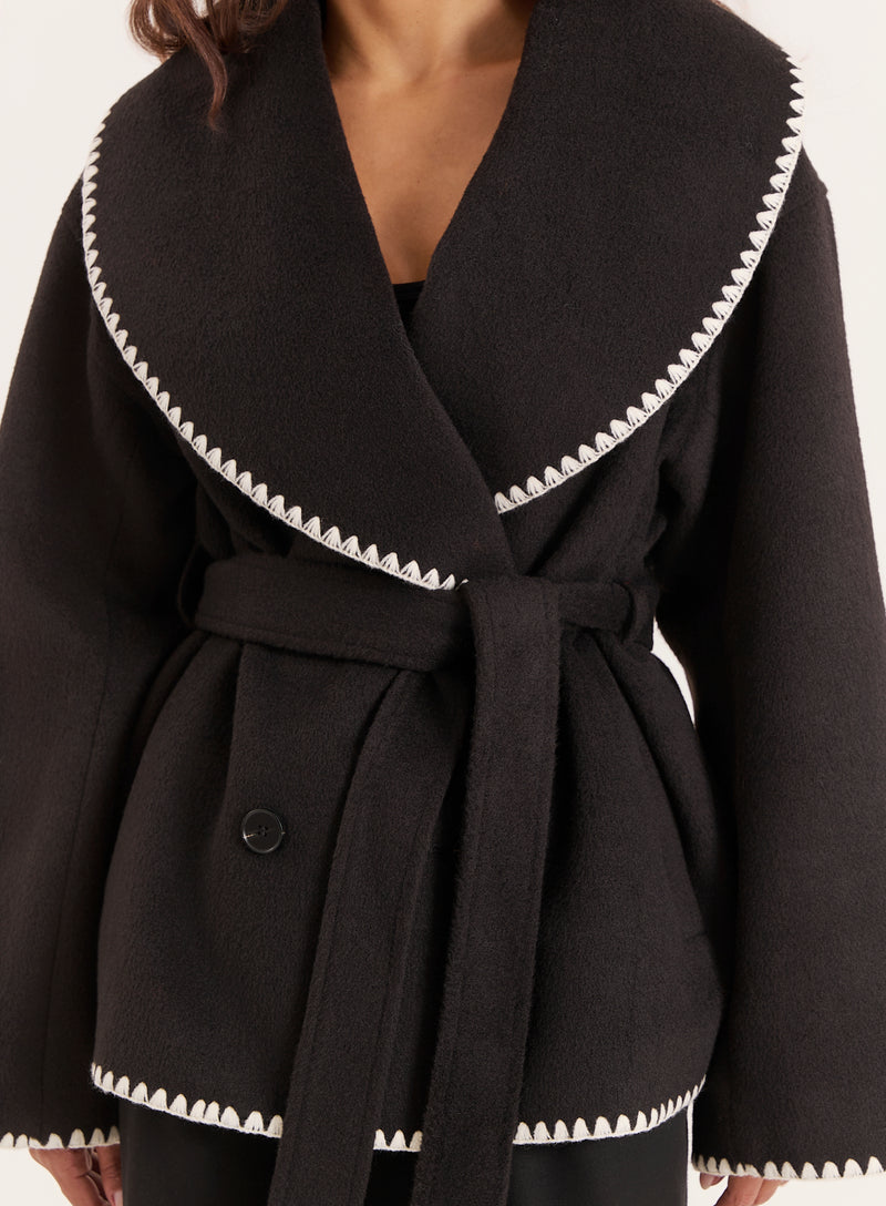 Black Contrast Stitch Belted Jacket