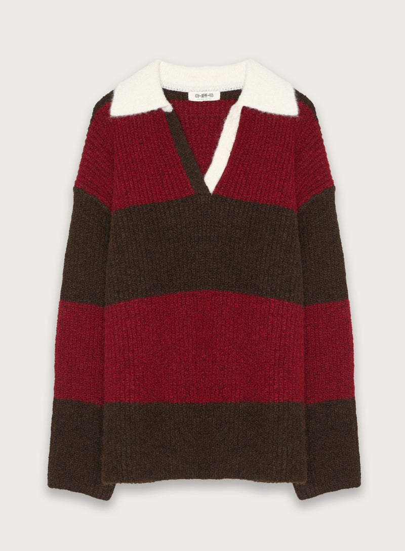 Red And Brown Striped Knitted Polo Jumper