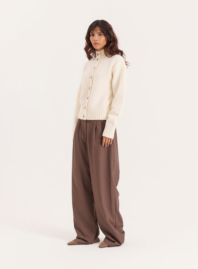 Cream Knitted Ribbed Cuff Button Down Cardigan- Terry