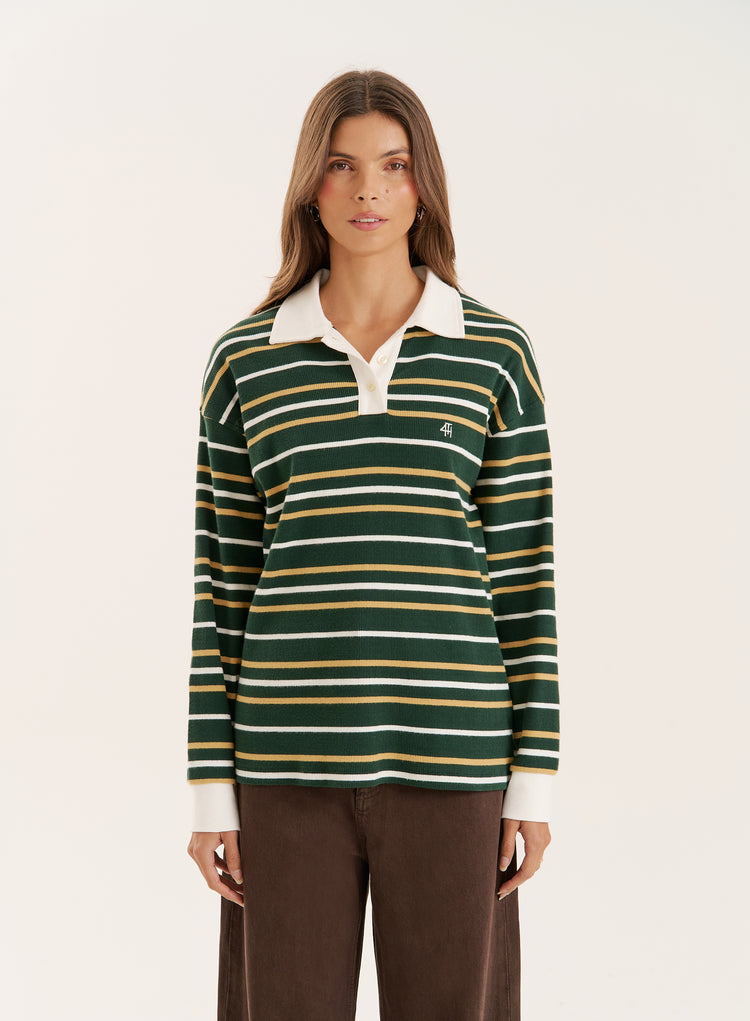 Green Striped Contrast Collar Rugby Top- Chelsea
