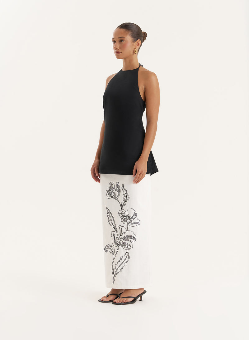 White Floral Embroidered Cotton Skirt- Alondra